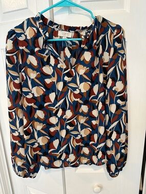 LOFT Blue Floral Print Long-Sleeve Blouse